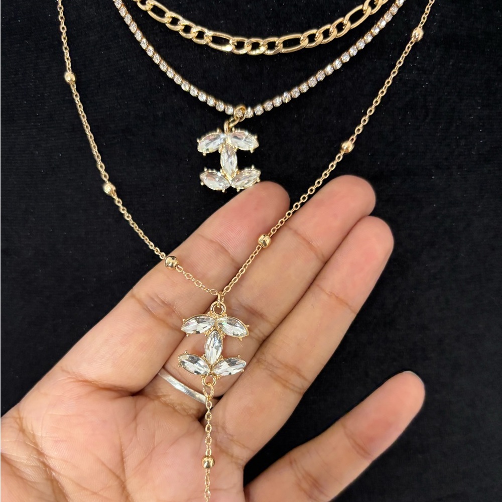 Gold Layered Pendant Necklace Set- Rhinestone Detail Women Jewelry Adjustable - Picture 5 of 8